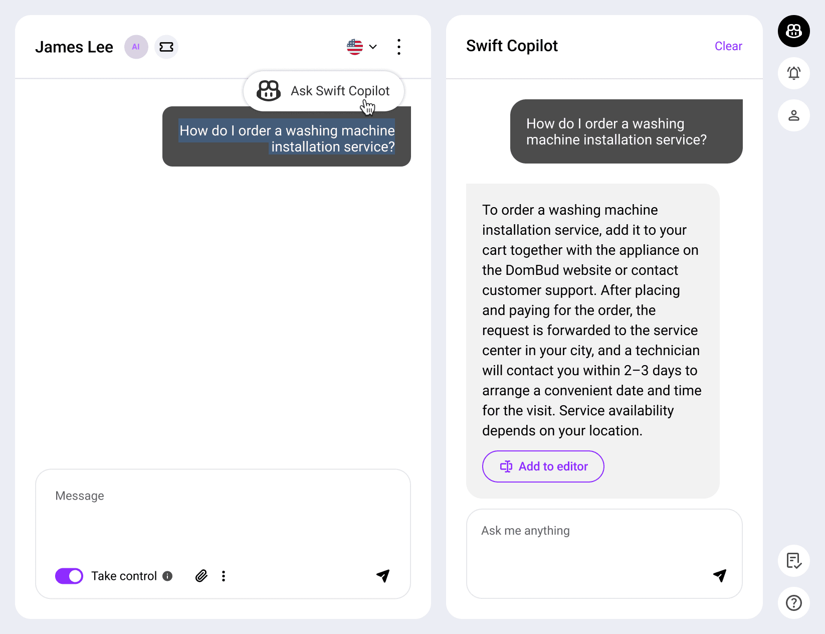 AI assistant Swift Copilot interface