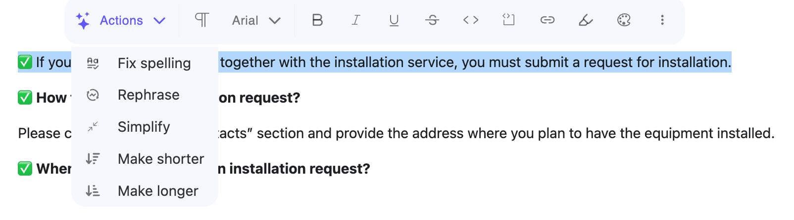 AI assistant (Copilot) interface in the knowledge base editor