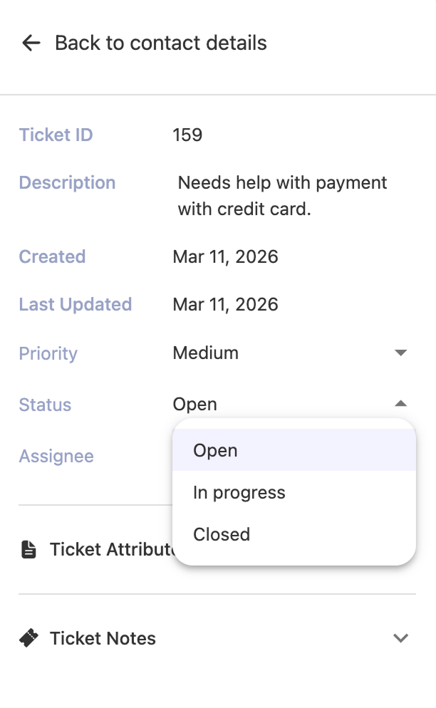 Ticket details screen with status dropdown