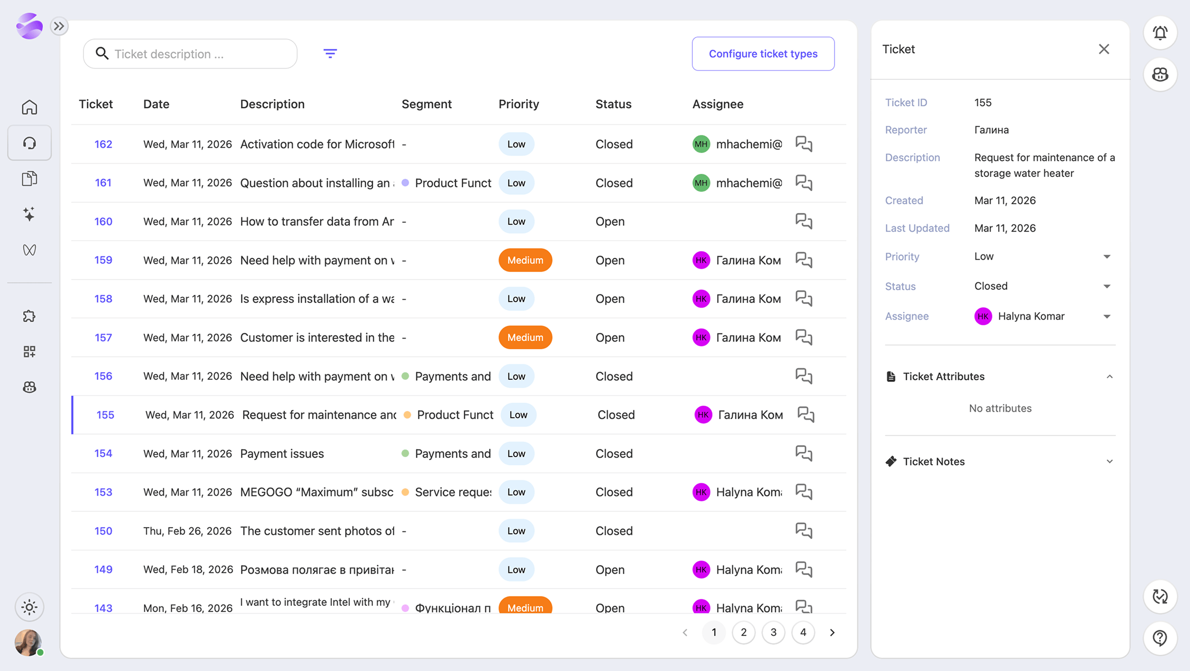 Ticketing software dashboard with ticket list and ticket details panel
