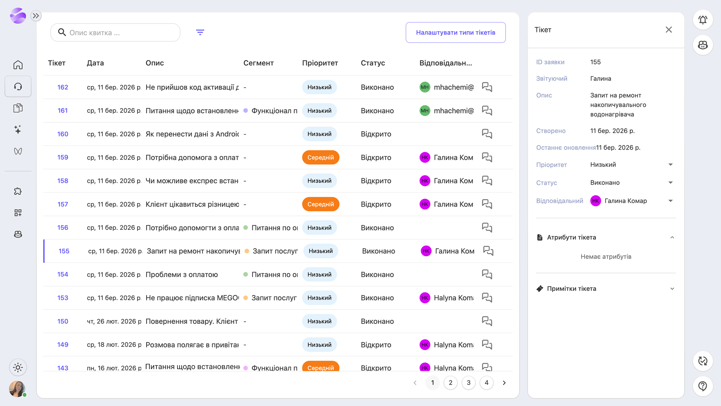 Дашборд тікет-системи зі списком заявок і панеллю деталей тікета